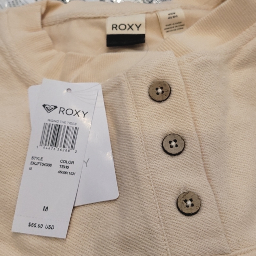 NWT ROXY Riding The Tides Natural Button Terry Sweatshirt Top Medium - Picture 6 of 6